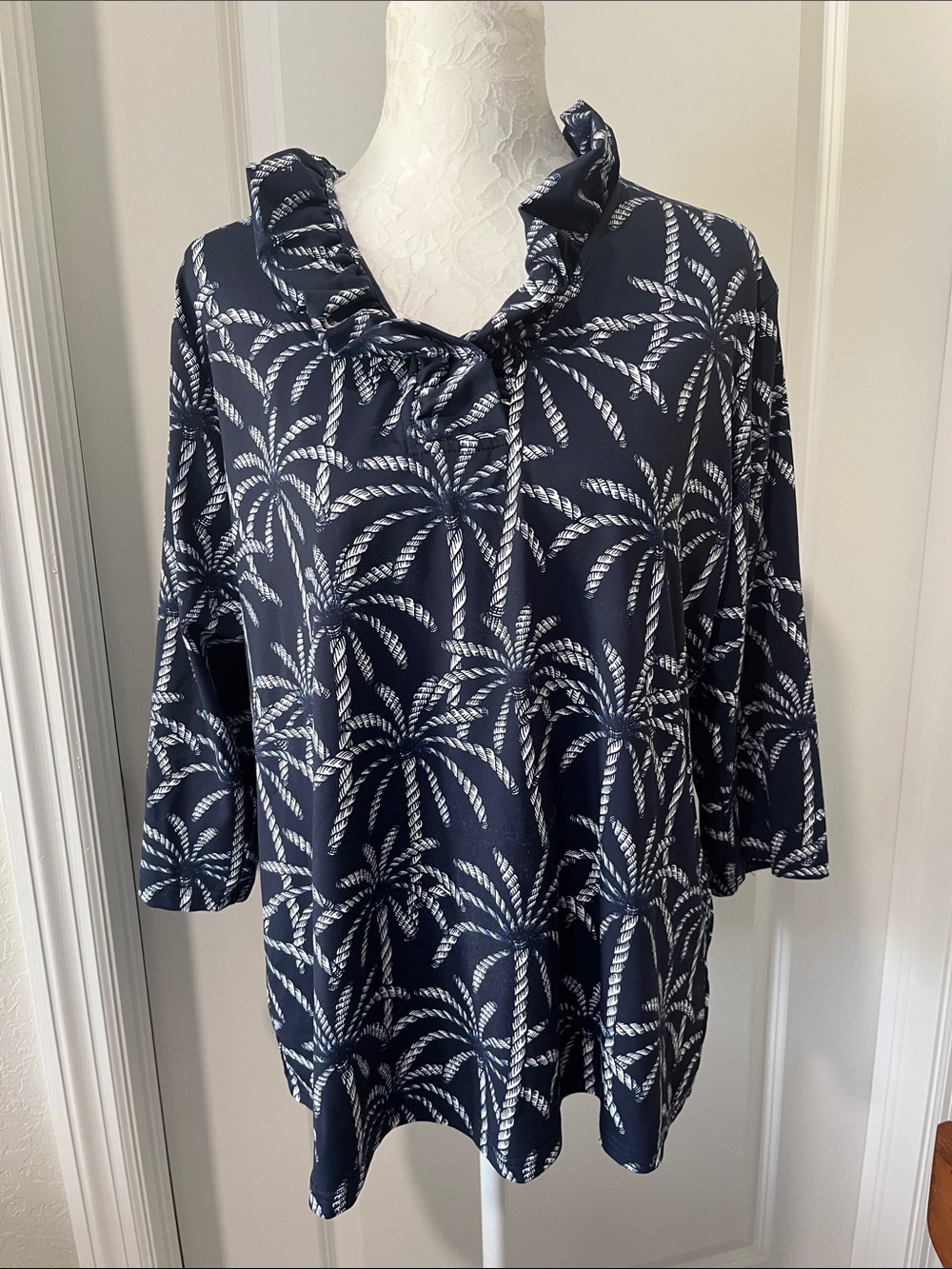 Anthony’s Resort Wear Navy Rope Palm Tree Printed Women’s Blouse - XL